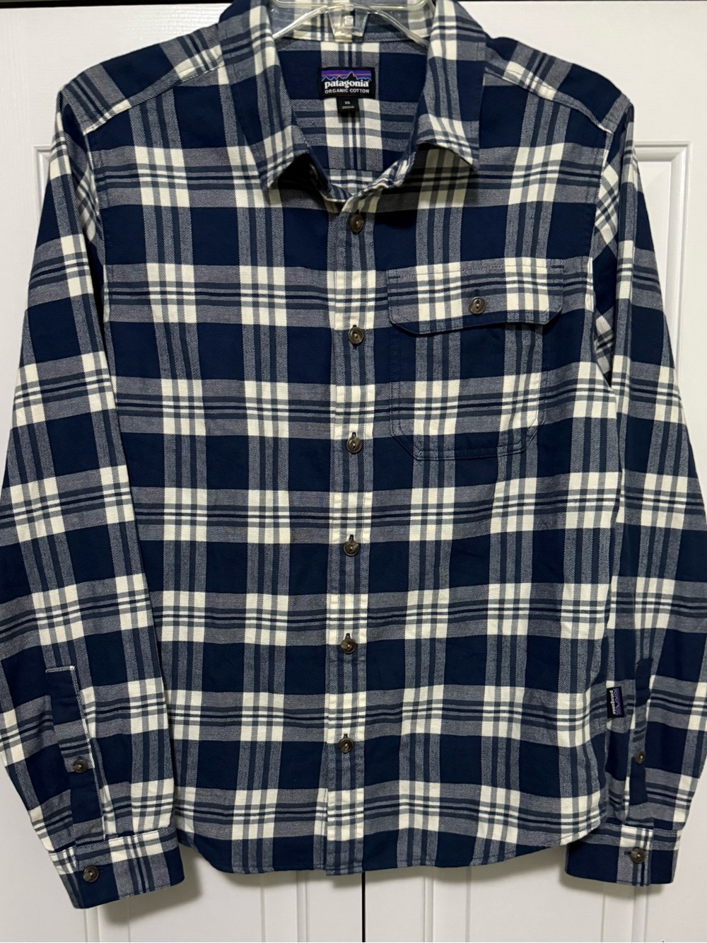 Patagonia Mens XS Blue White Plaid Cotton Flannel Long Sleeve Button Up Shirt